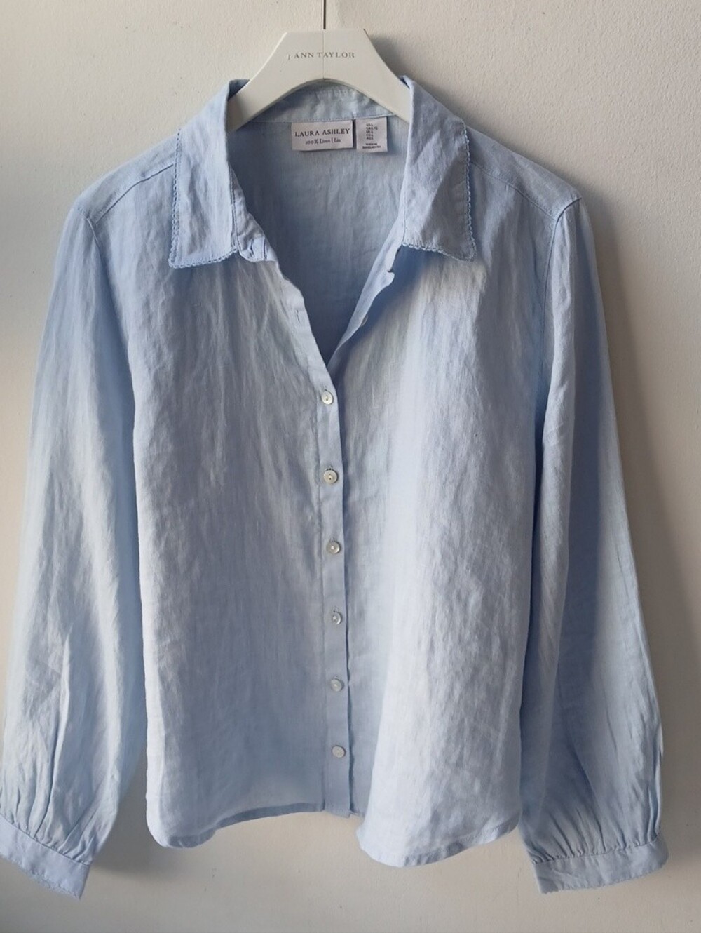 Laura Ashley Linen Button Front Shirt Blue Women's Large
